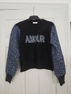 AMOUR Sequin-Sleeve Knit Sweater - Black with Blue Sleeves